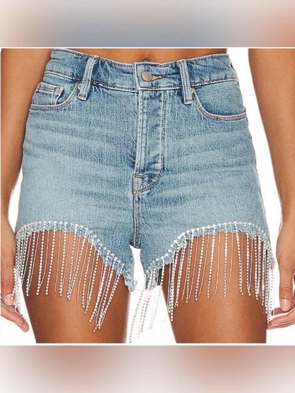 Good American Light Blue Rhinestone Fringe High-Rise Denim Shorts
